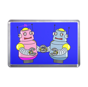 Blue Robot Couple - Plastic Fridge Magnet