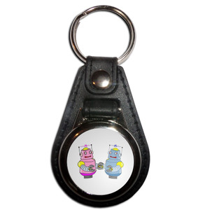 White Robot Couple - Plastic Medallion Key Ring White Robot Couple - Plastic Medallion Key Ring