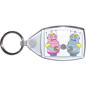 White Robot Couple - Clear Plastic Key Ring Size Choice New