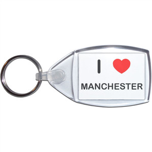 I Love Manchester - Clear Plastic Key Ring Size Choice New