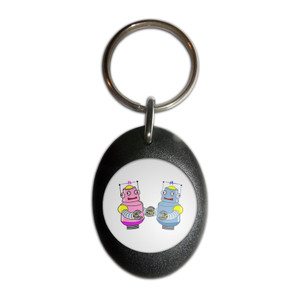 White Robot Couple - Plastic Oval Key Ring