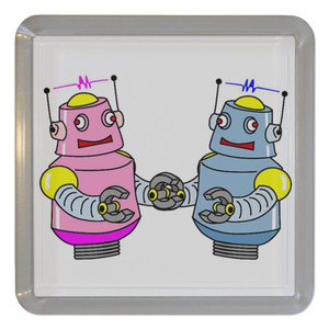 White Robot Couple - Plastic Tea Coaster / Beer Mat White Robot Couple - Plastic Tea Coaster / Beer Mat