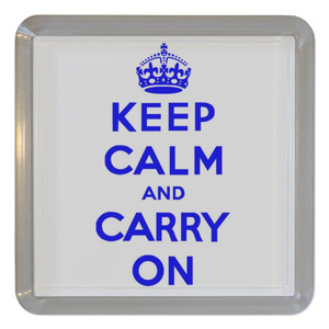 White Blue Keep Calm and Carry On - Plastic Tea Coaster / Beer Mat White Blue Keep Calm and Carry On - Plastic Tea Coaster / Beer Mat