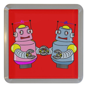 Red Robot Couple - Plastic Tea Coaster / Beer Mat