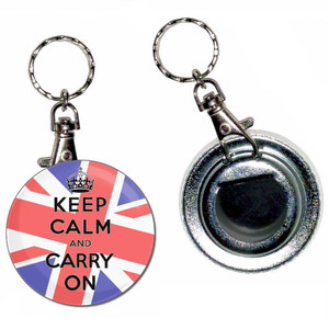 UK Keep Calm and Carry On - 55mm Button Badge Bottle Opener UK Keep Calm and Carry On - 55mm Button Badge Bottle Opener