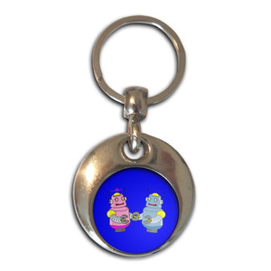 Blue Robot Couple - Round Metal Key Ring