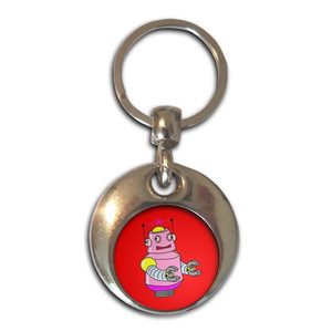 Red Girl Robot - Round Metal Key Ring