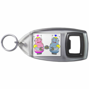 White Robot Couple - Plastic Key Ring Bottle Opener