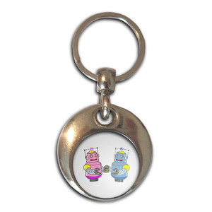 White Robot Couple - Round Metal Key Ring