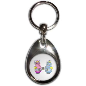 White Robot Couple - Tear Drop Metal Key Ring