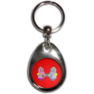 Red Robot Couple - Tear Drop Metal Key Ring