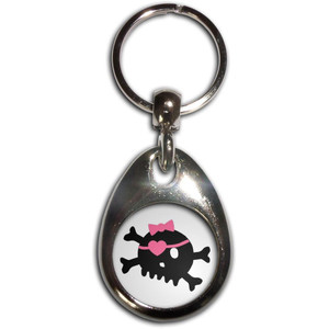White Skull with Bow - Tear Drop Metal Key Ring White Skull with Bow - Tear Drop Metal Key Ring