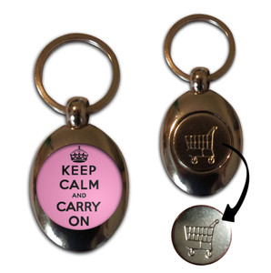 Pink Keep Calm and Carry On - Silver £1/€1 Shopping Key Ring