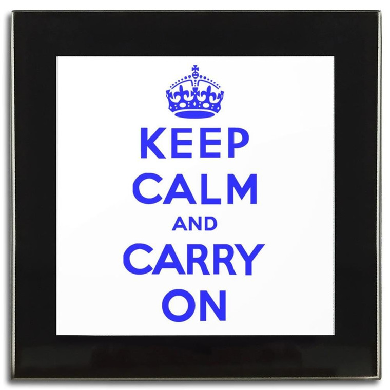 White Blue Keep Calm and Carry On - Square Glass Coaster