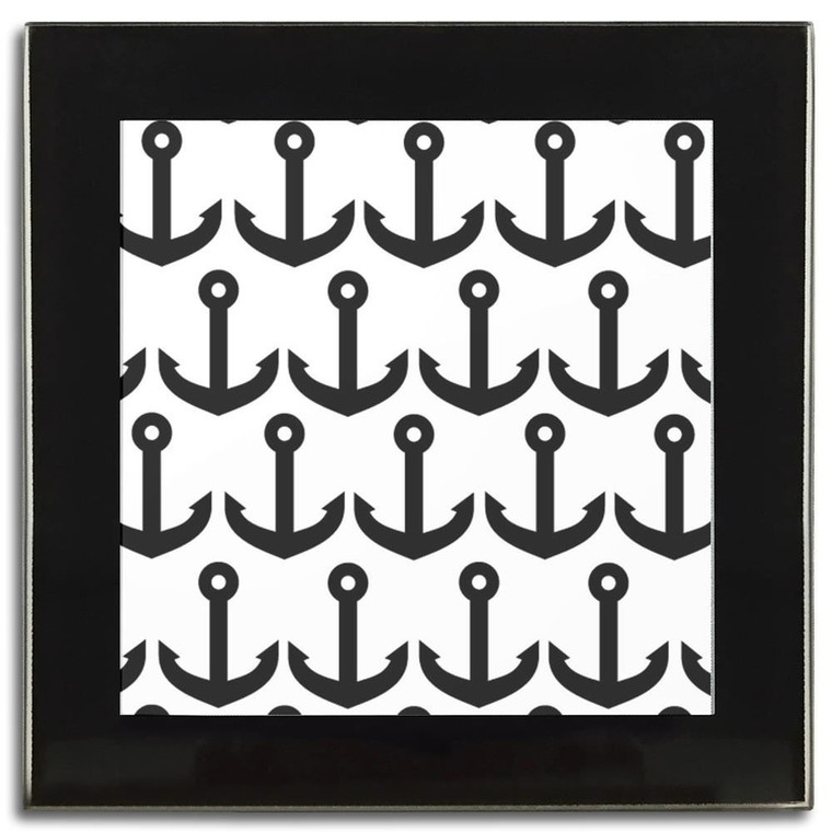 Anchor Black Pattern - Square Glass Coaster