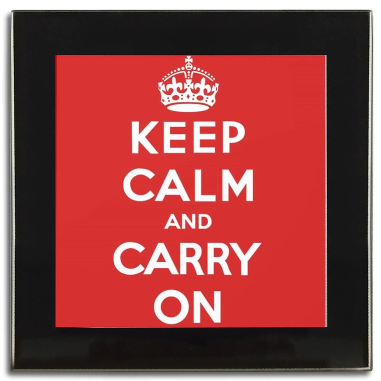 Red Keep Calm and Carry On - Square Glass Coaster
