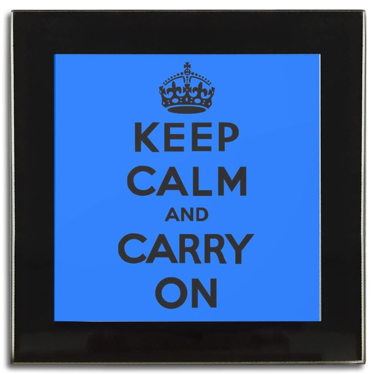 Blue Keep Calm and Carry On - Square Glass Coaster
