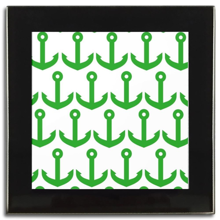 Anchor Green Pattern - Square Glass Coaster