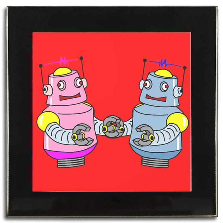 Red Robot Couple - Square Glass Coaster