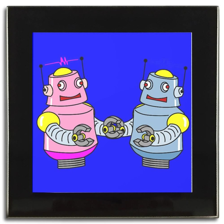 Blue Robot Couple - Square Glass Coaster
