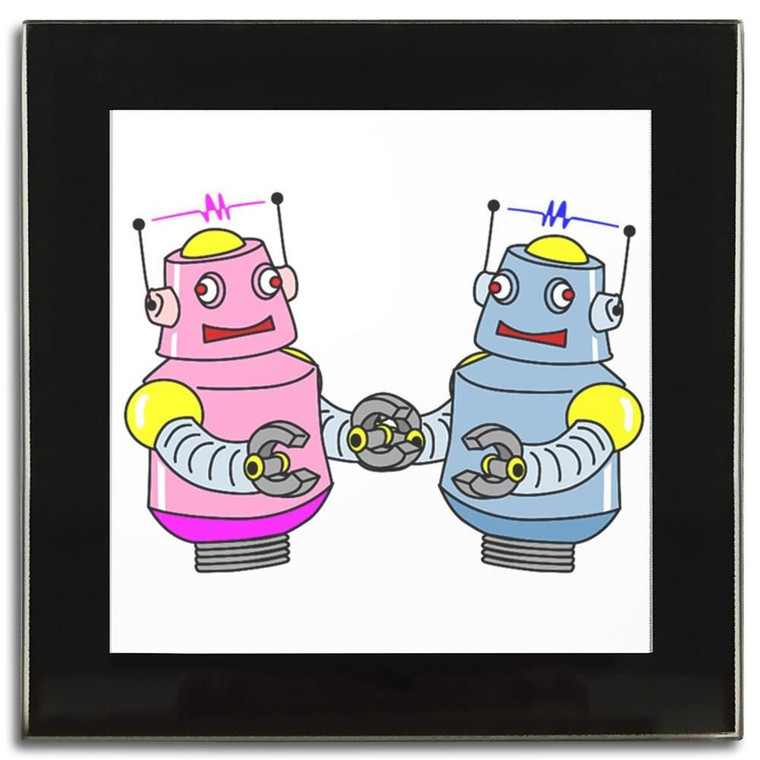 White Robot Couple - Square Glass Coaster