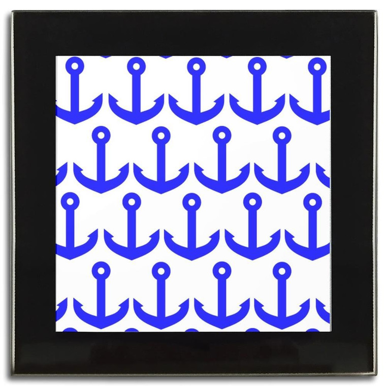 Anchor Blue Pattern - Square Glass Coaster