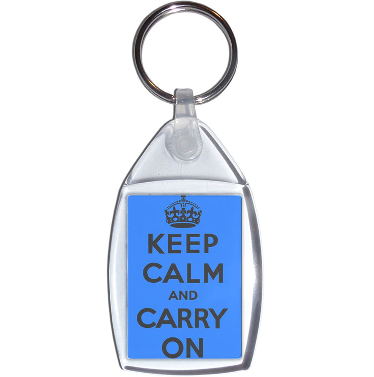 Blue Keep Calm and Carry On - Clear Plastic Key Ring Size Choice New