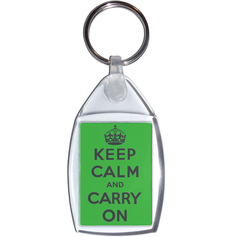Green Keep Calm and Carry On - Clear Plastic Key Ring Size Choice New