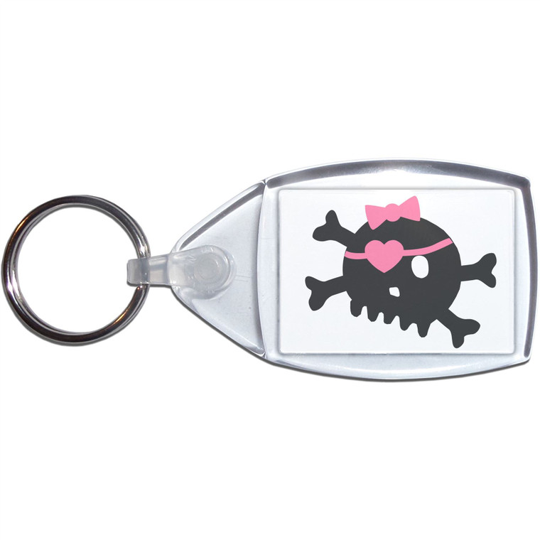 White Skull with Bow - Clear Plastic Key Ring Size Choice New