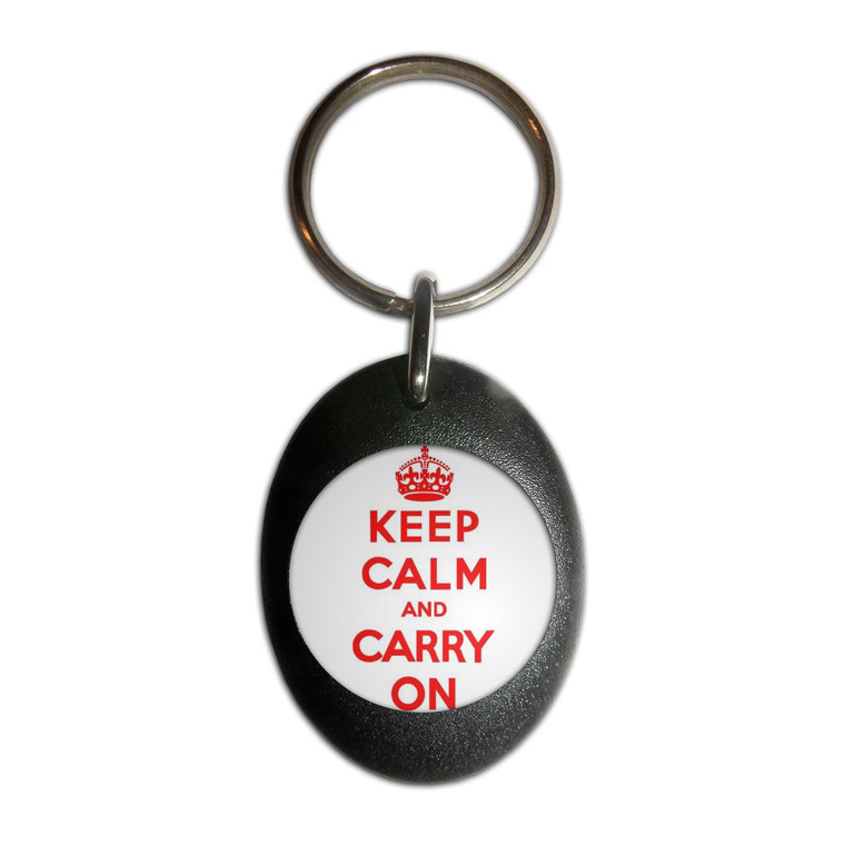 White Red Keep Calm and Carry On - Plastic Oval Key Ring