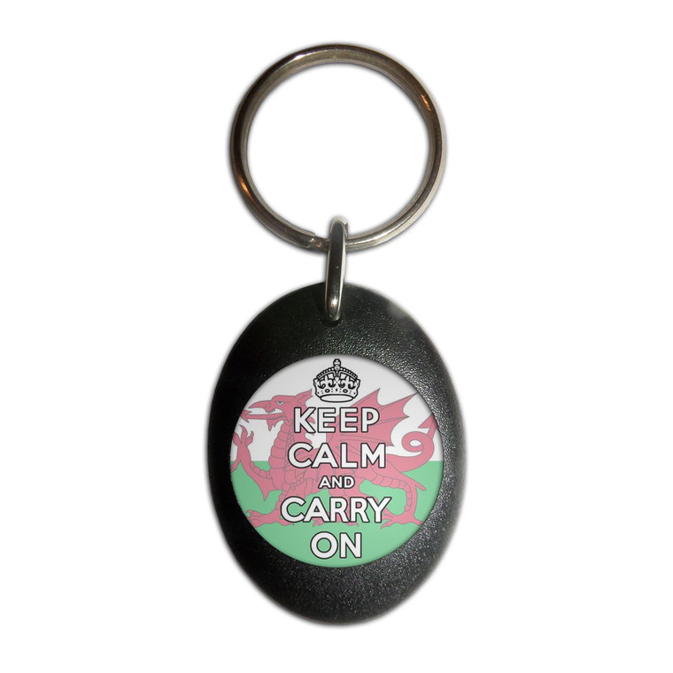 Wales Flag Keep Calm and Carry On - Plastic Oval Key Ring