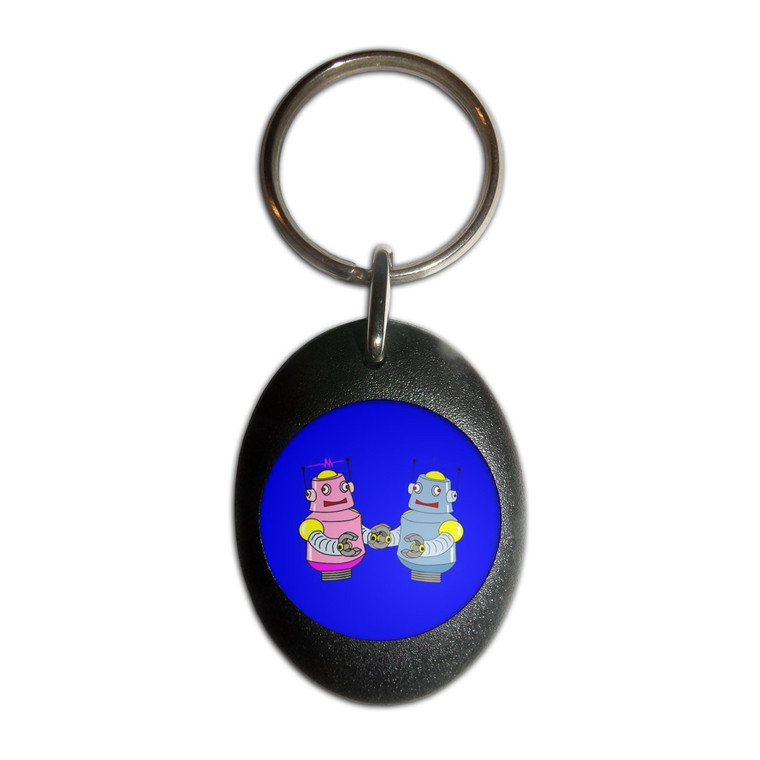 Blue Robot Couple - Plastic Oval Key Ring