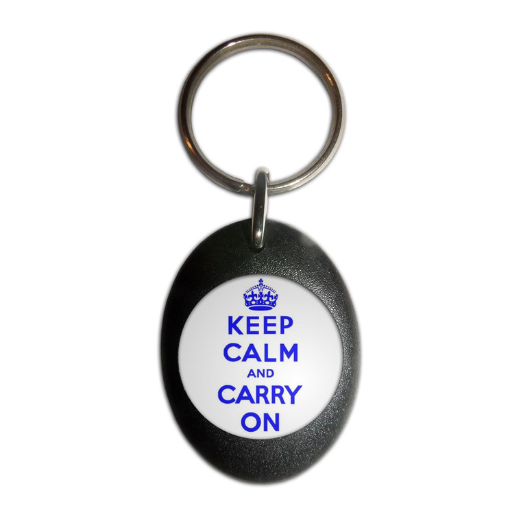 White Blue Keep Calm and Carry On - Plastic Oval Key Ring