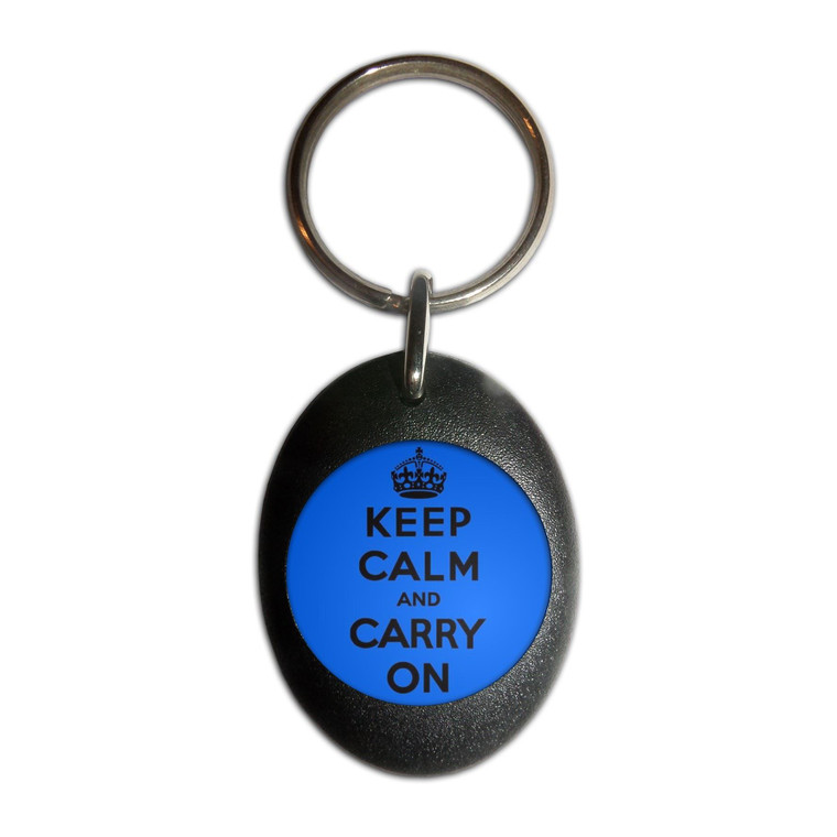 Blue Keep Calm and Carry On - Plastic Oval Key Ring