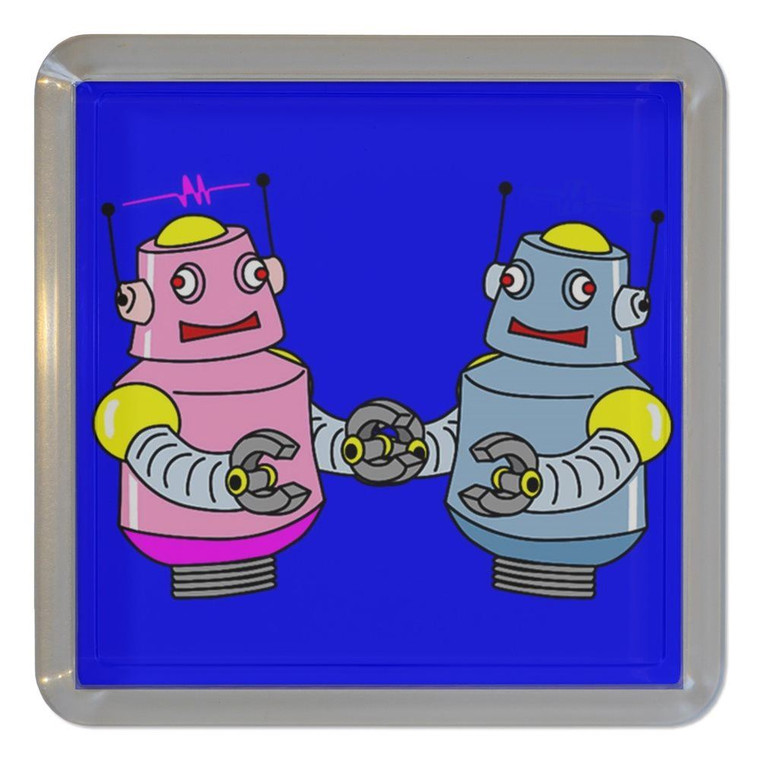 Blue Robot Couple - Plastic Tea Coaster / Beer Mat
