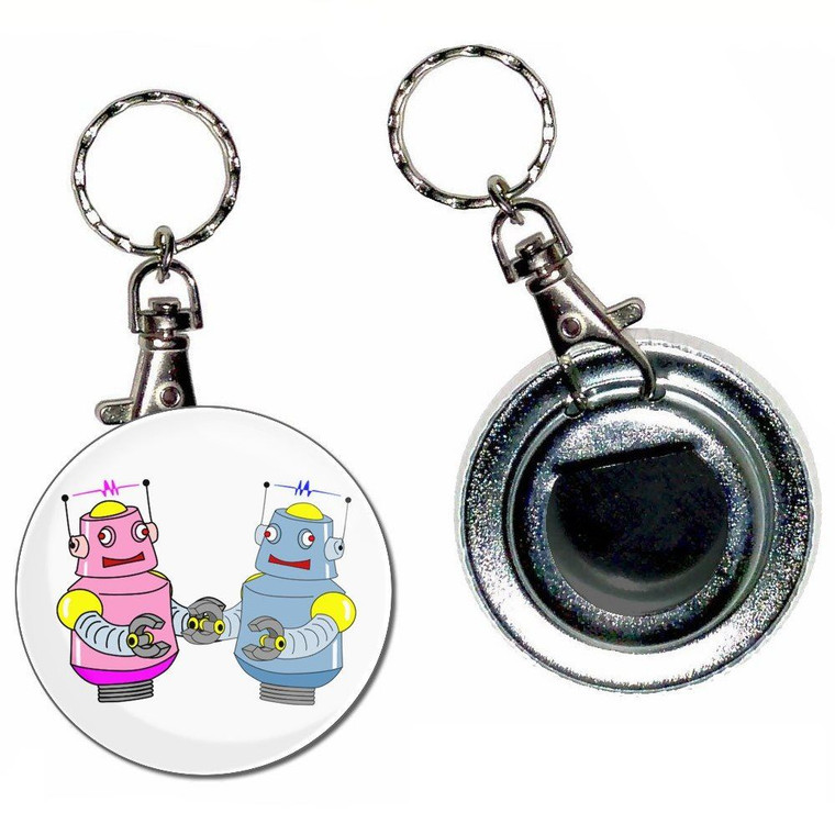 White Robot Couple - 55mm Button Badge Bottle Opener
