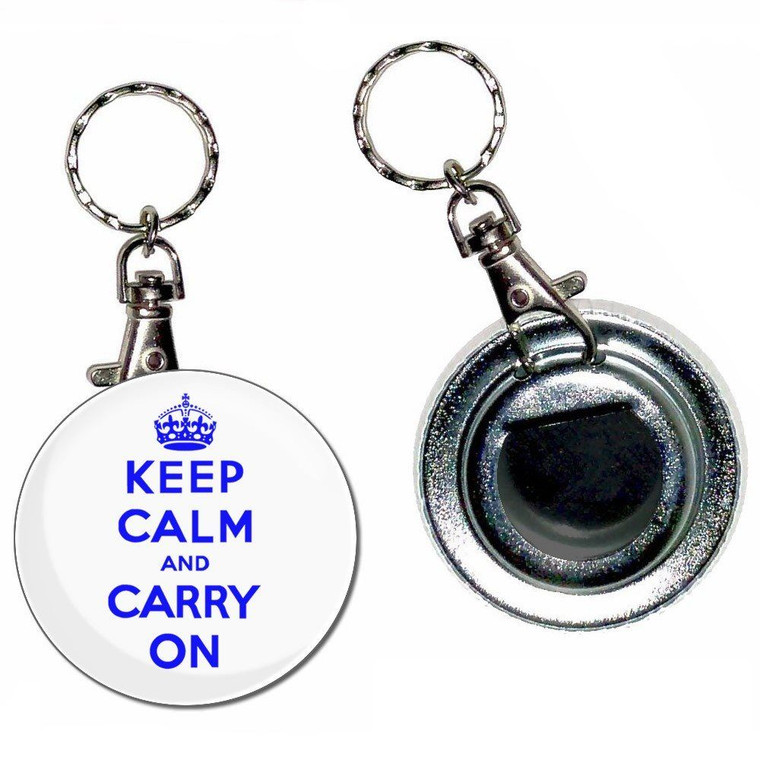 White Blue Keep Calm and Carry On - 55mm Button Badge Bottle Opener