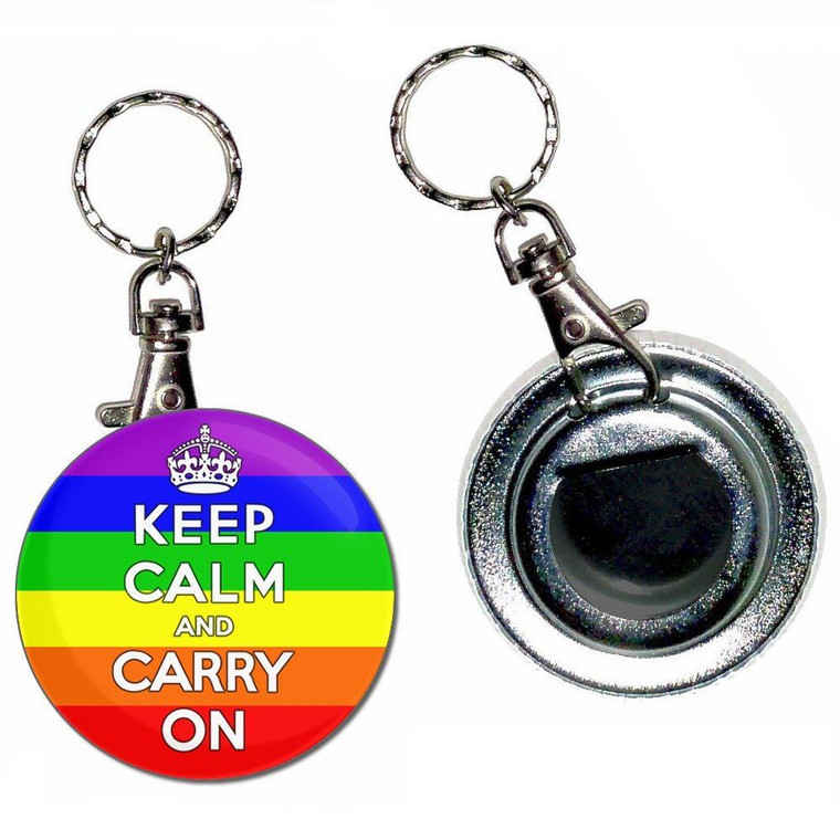 Gay Flag Keep Calm and Carry On - 55mm Button Badge Bottle Opener