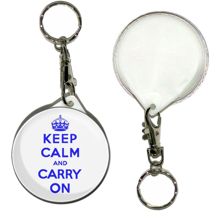 White Blue Keep Calm and Carry On - 55mm Button Badge Key Ring