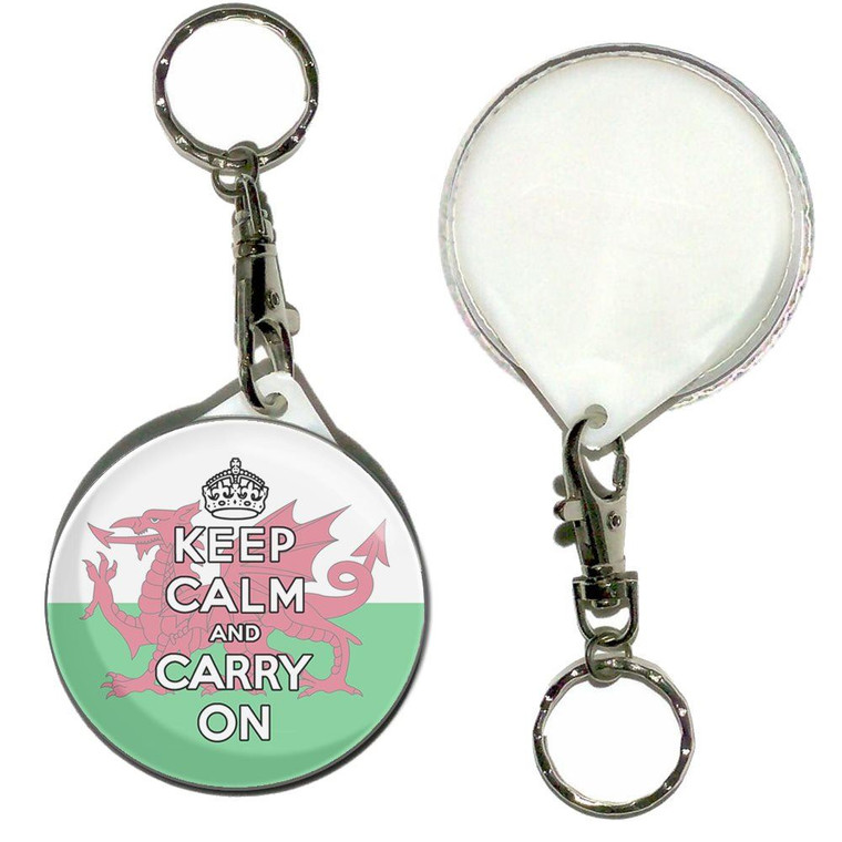 Wales Flag Keep Calm and Carry On - 55mm Button Badge Key Ring