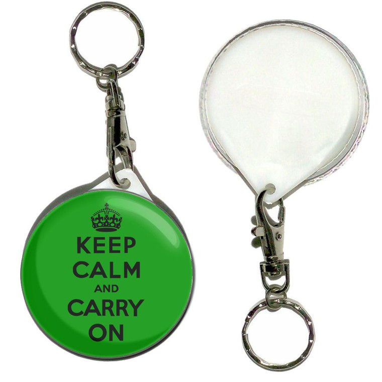 Green Keep Calm and Carry On - 55mm Button Badge Key Ring