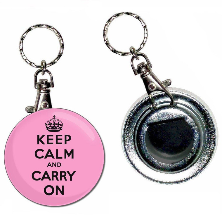 Pink Keep Calm and Carry On - 55mm Button Badge Bottle Opener