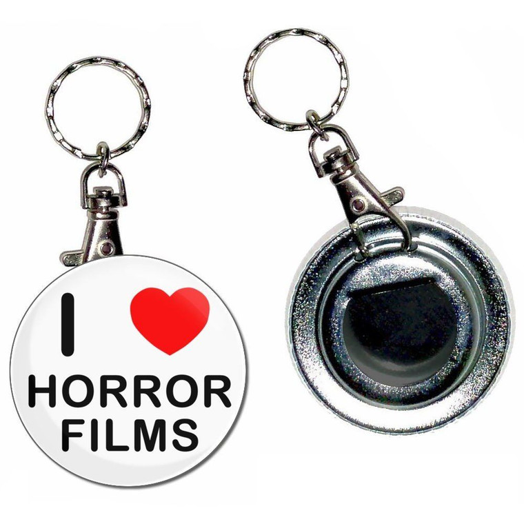I Love Horror Films - 55mm Button Badge Bottle Opener I Love Horror Films - 55mm Button Badge Bottle Opener
