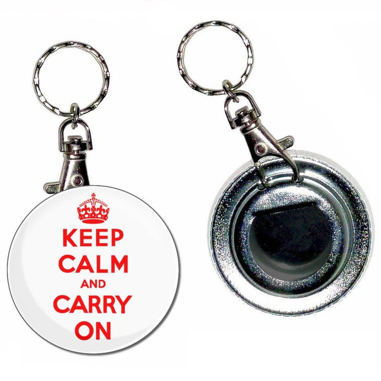 White Red Keep Calm and Carry On - 55mm Button Badge Bottle Opener