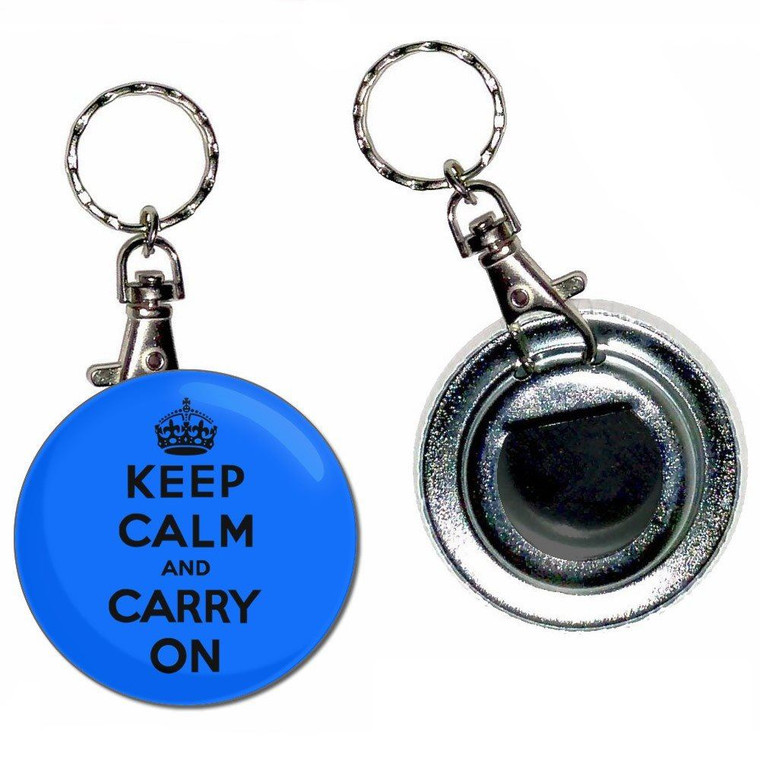 Blue Keep Calm and Carry On - 55mm Button Badge Bottle Opener