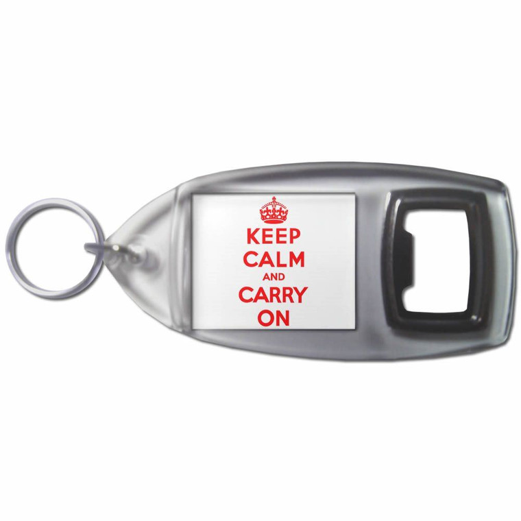 White Red Keep Calm and Carry On - Plastic Key Ring Bottle Opener