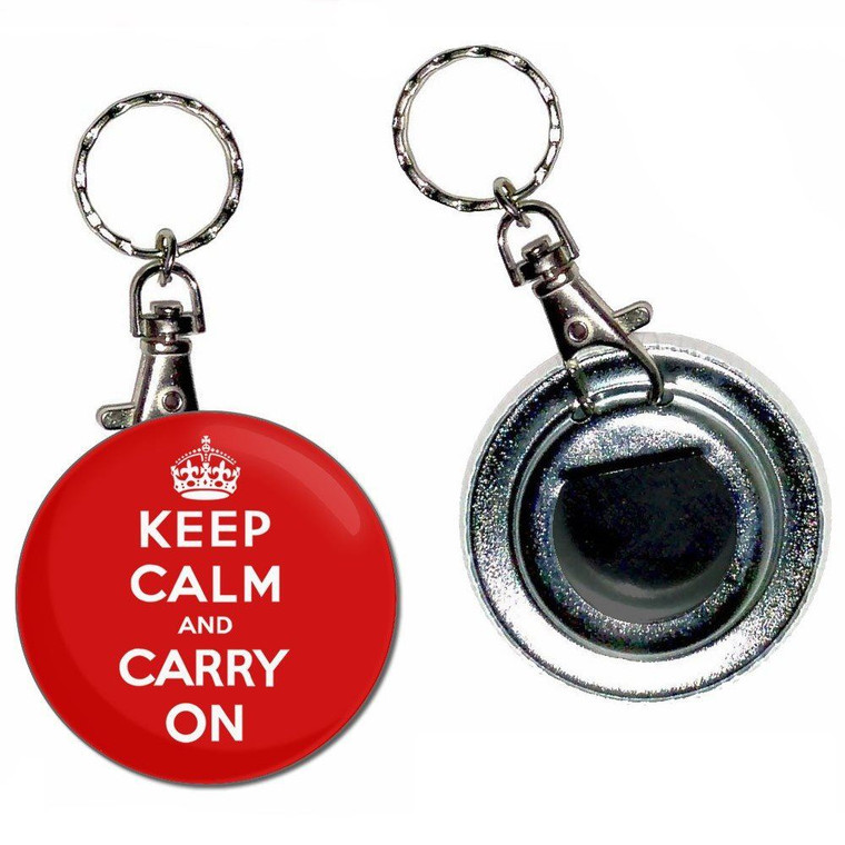 Red Keep Calm and Carry On - 55mm Button Badge Bottle Opener