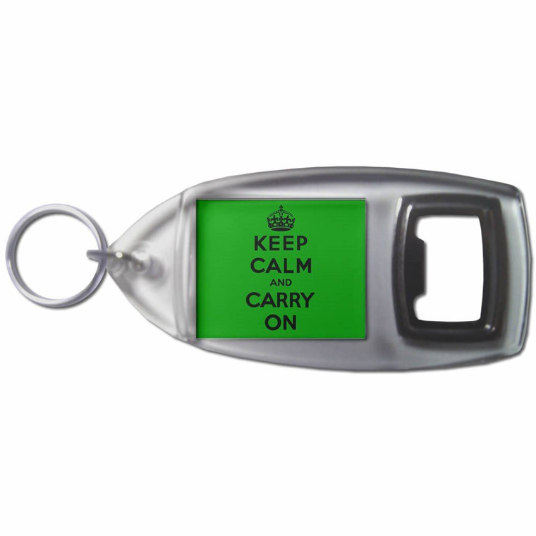 Green Keep Calm and Carry On - Plastic Key Ring Bottle Opener