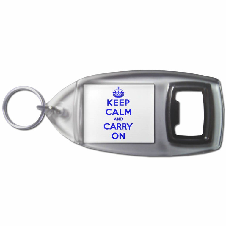 White Blue Keep Calm and Carry On - Plastic Key Ring Bottle Opener