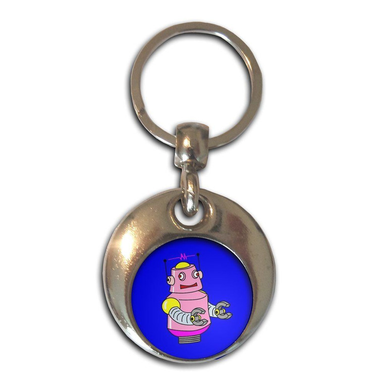 Blue Girl Robot - Round Metal Key Ring